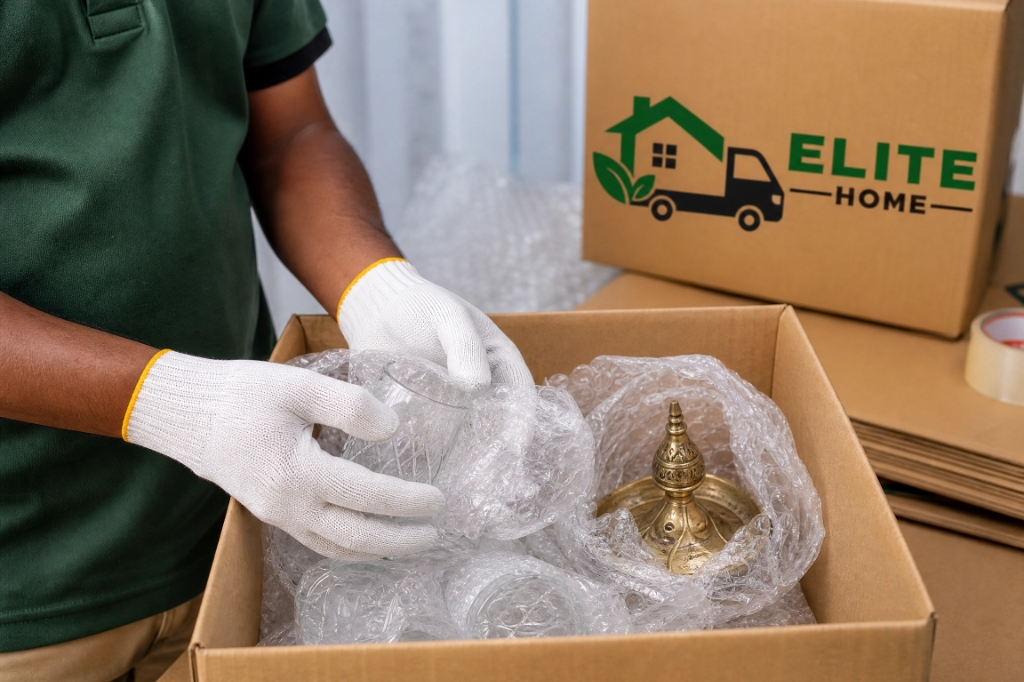 Wrapping delicate glass and Lucknow Chikan handicrafts safely